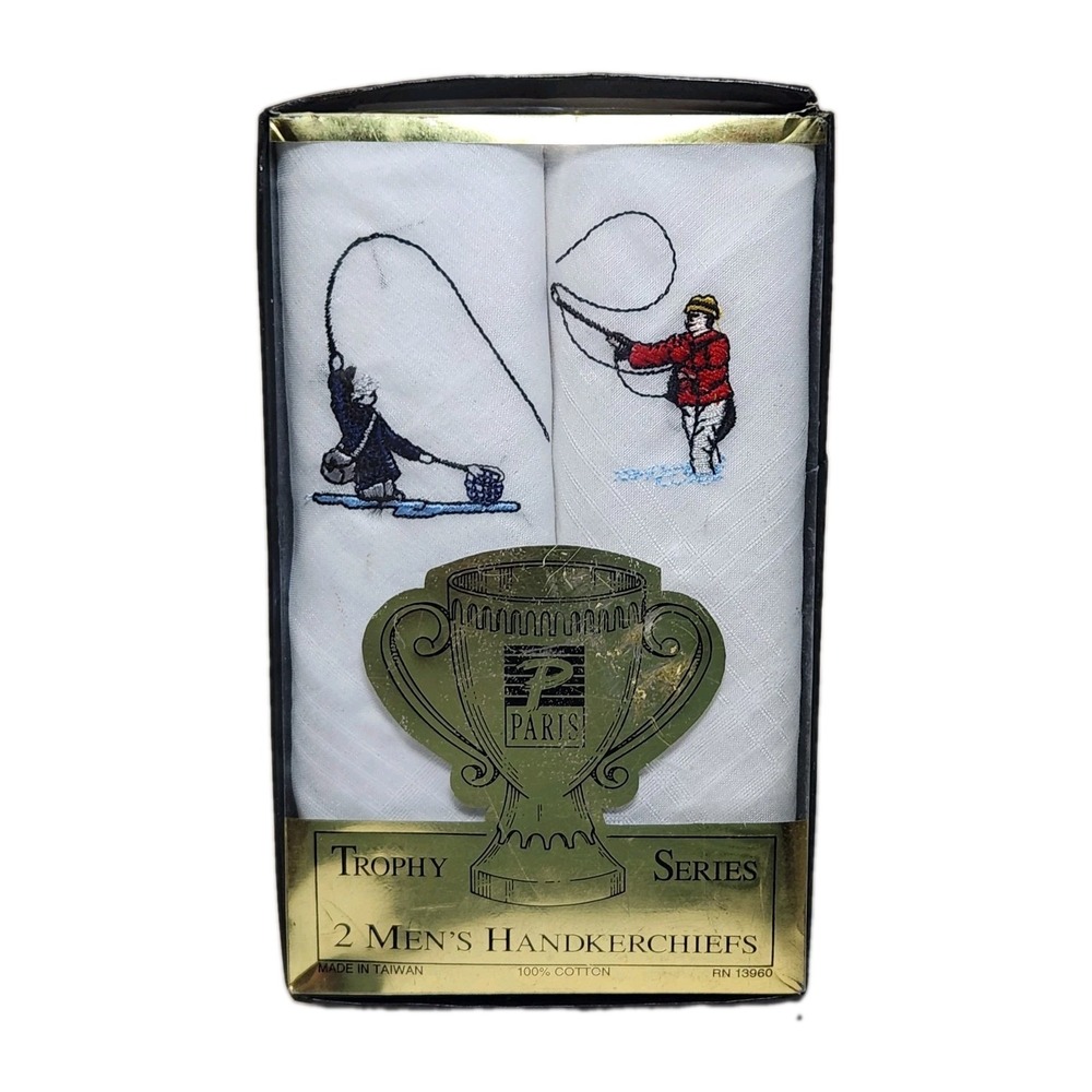 Vintage 1995 Paris Accessories Fly Fishing Handkerchiefs 2pc Boxed Cotton